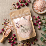 Royal Rose Bath Salt, 6 oz,  flat lay with pink Himalayan salt, dried rose buds and a wooden scoop