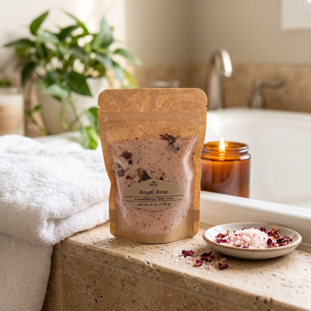 Royal Rose Bath Salt, 6 oz,  on the edge of a bathtub with a spa towel and a small bowel of salt and dried roses