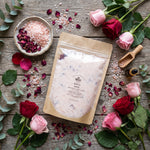 royal rose bath salt, 16 oz, flat lay with rose and pink salt