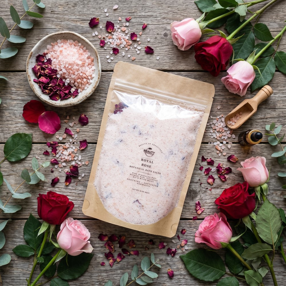 royal rose bath salt, 16 oz, flat lay with rose and pink salt