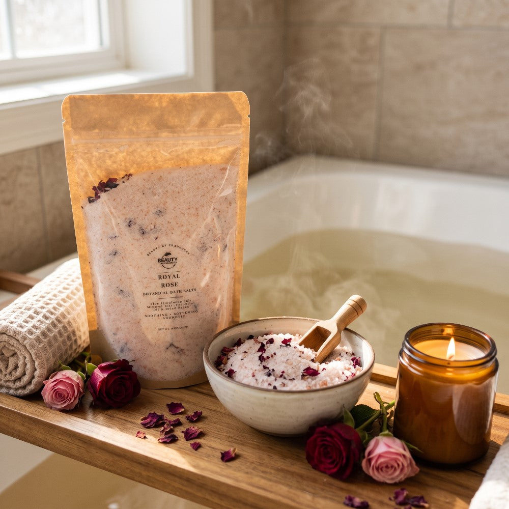 royal rose bath salt, 16 oz, on a wood tub tray with roses, spa towel a lit candle and a bowl of pink salt and dried roses