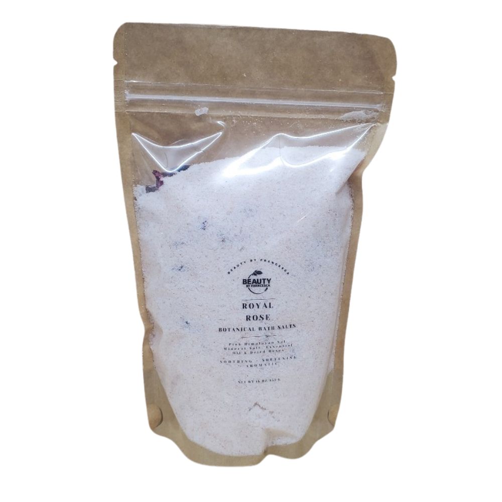 Kraft paper packaging of 'Royal Rose' botanical bath salts on a white background