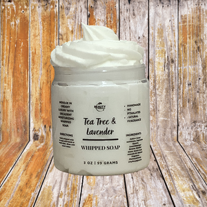 tea tree and lavender whipped soap with wood background