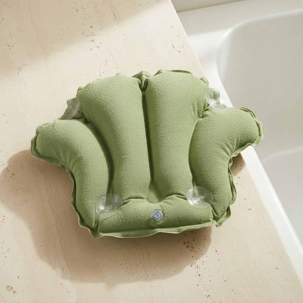 Back of terry bath pillow with four suction cups