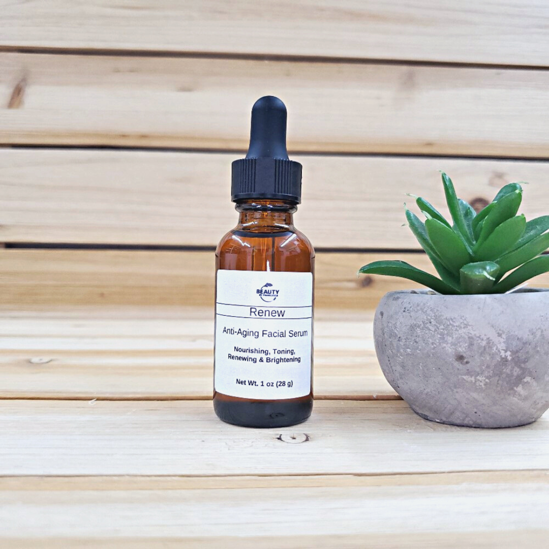 renew facial serum next to plant