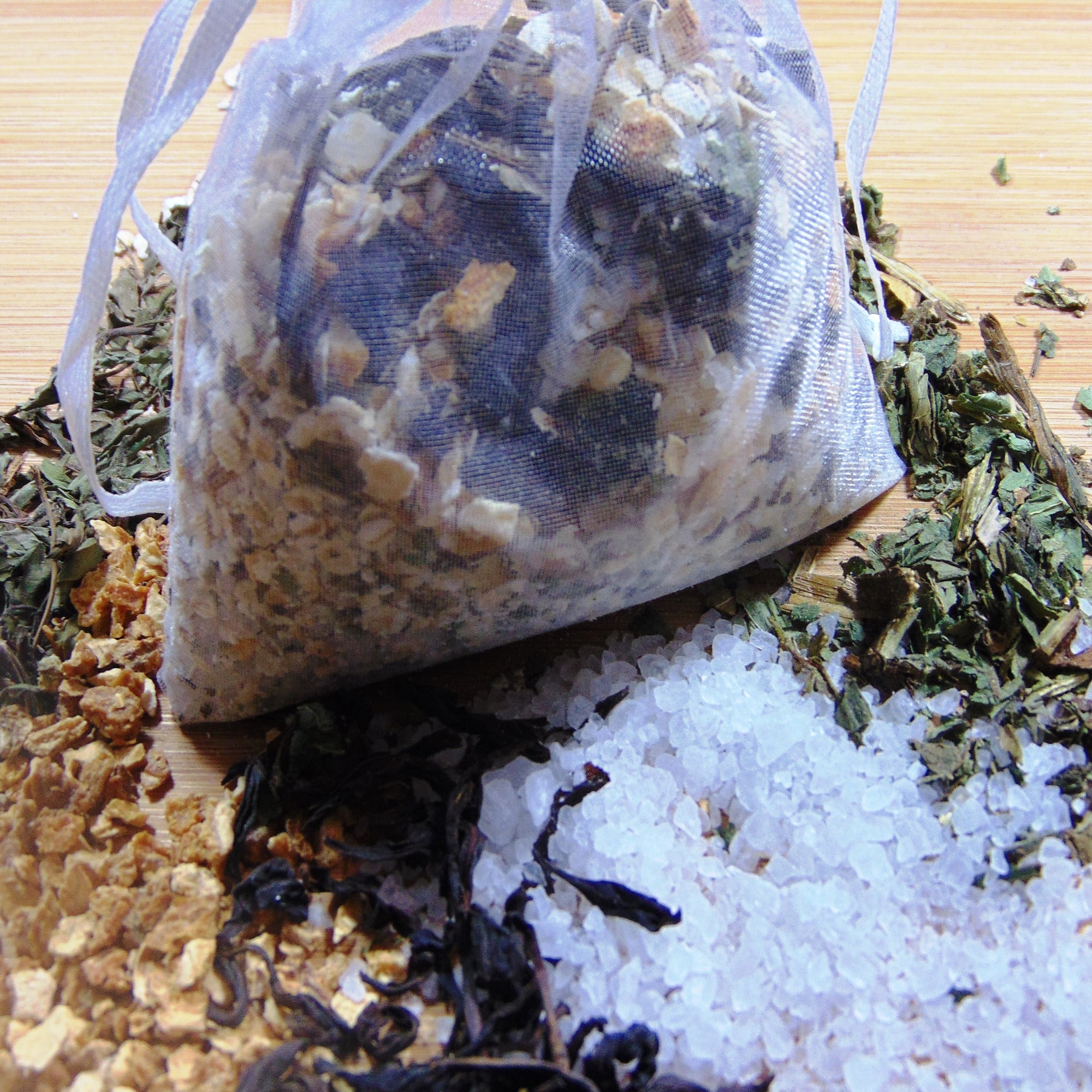 bath tea - refesh me tub tea displayed with salt and herbs