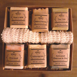 handmade soap gift set 6 bars in open box wood grain background