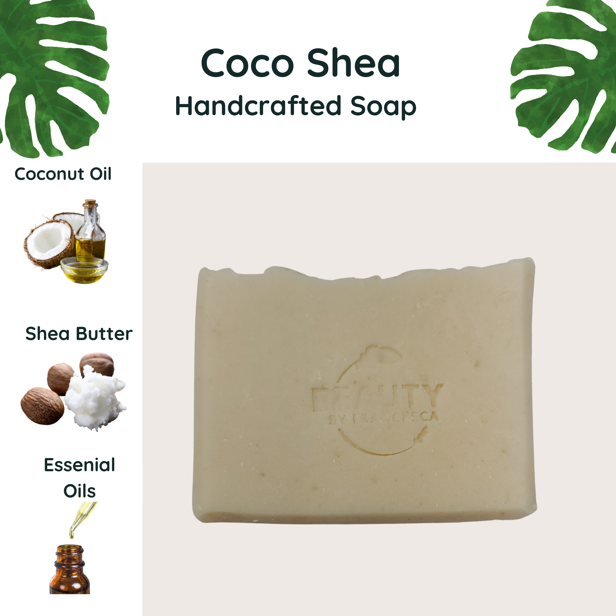 Coco shea handcrafted soap displayed with ingredients card essential oils shea butter coconut oil