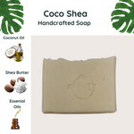 Coco shea handcrafted soap displayed with ingredients card essential oils shea butter coconut oil