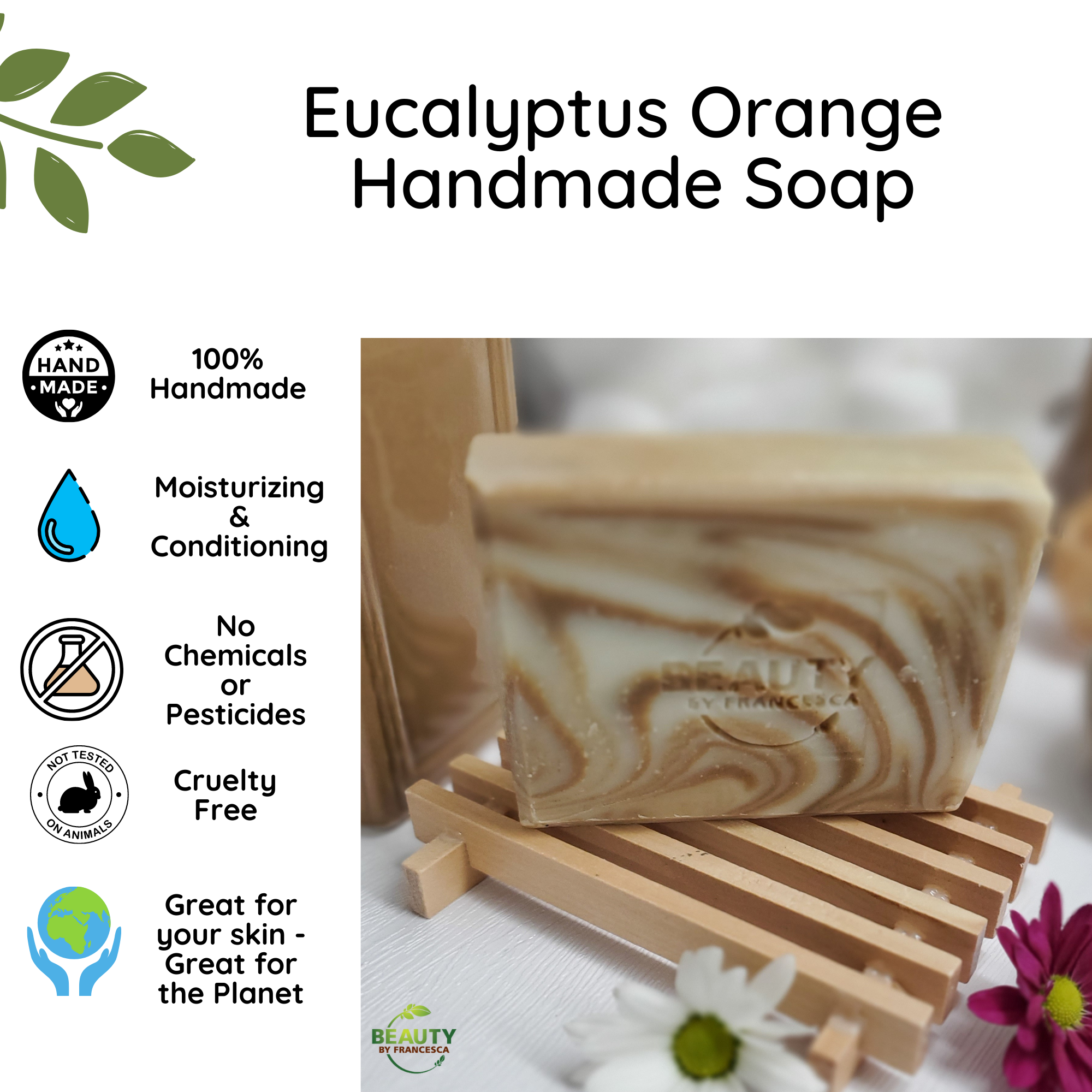 Eucalyptus Orange Handmade Soap Benefits Card Great for skin and planet no chemicals