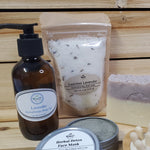 lavender body oil with luscious lavender bath salts, lovely lavender soap and herbal detox face mask