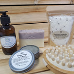 lavender body oil, luscious lavender bath salt, lovely lavender soap, wood peg heart massager, herbal detox face mask
