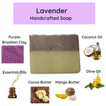 Lavender handcrafted soap ingredients purple Brazilian clay essential oils mango butter coconut oil and more