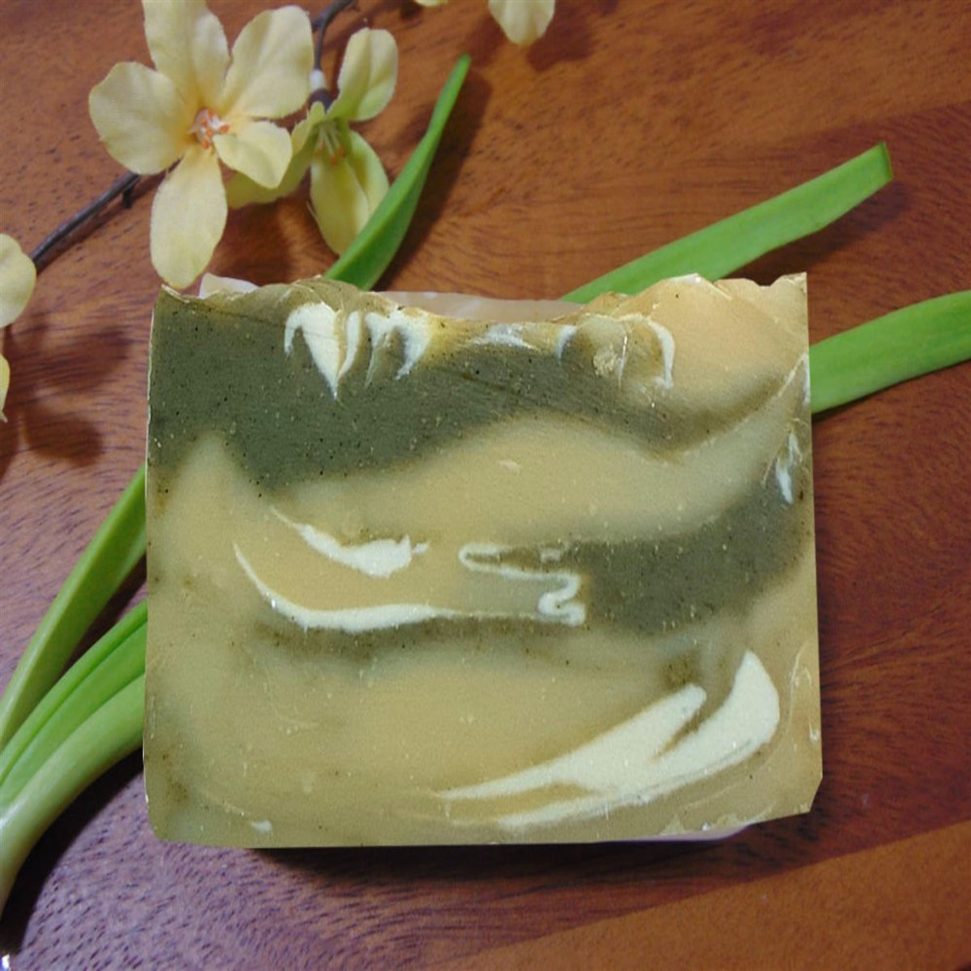 Beauty by Francesca Lemongrass Soap displayed with lemongrass and flower
