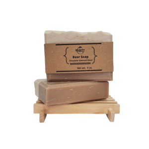 Handmade Natural Beer Soap Bar - Chocolate Oatmeal Stout - 2 bars on wood soap dish