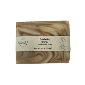 4 ounce Eucalyptus Orange Handmade Soap Bar with Branded Label Brown and white Marble Color