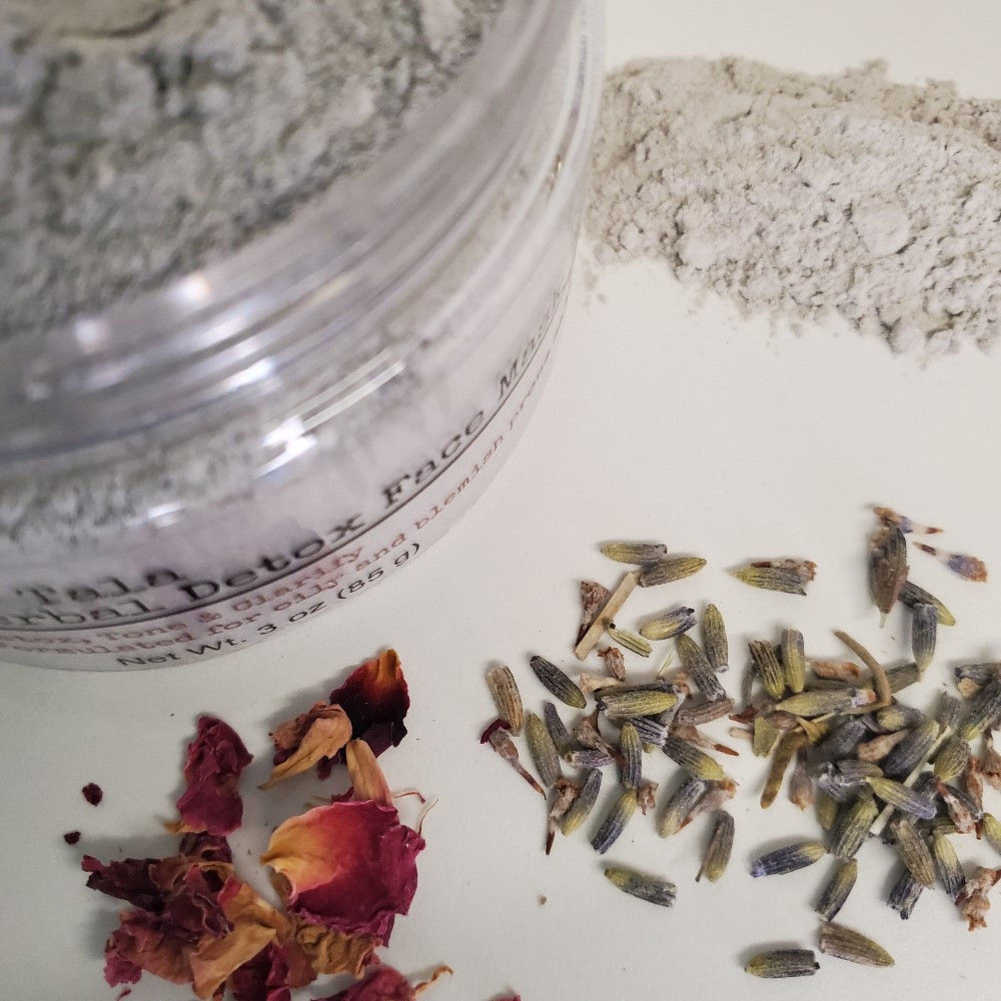 herbal detox face mask open top view with lavender and roses