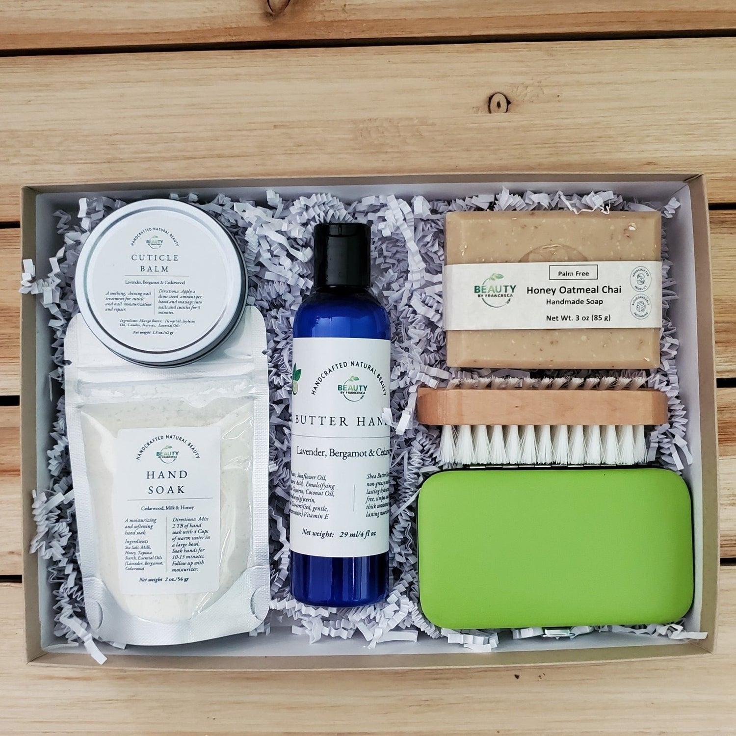 hands and nails gift set with hand soak, cuticle balm, nail brush, manicure set, hand lotion and honey oatmeal chai soap