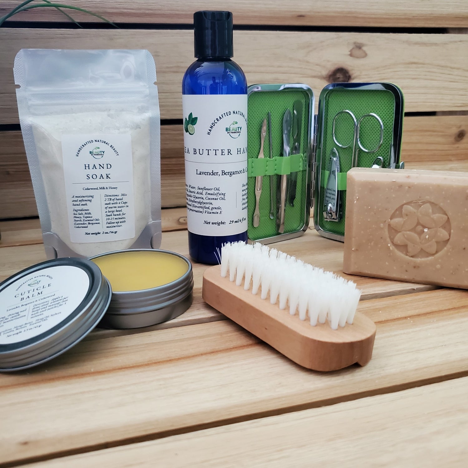 hands and nails gift set contents, honey oatmeal chai soap, milk and honey hand soak, cuticle balm, manicure set, shea butter hand lotion, nail brush