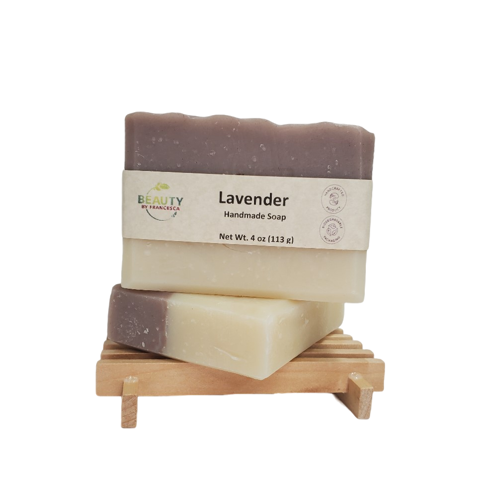 2 bars of lavender soap on wood soap saver
