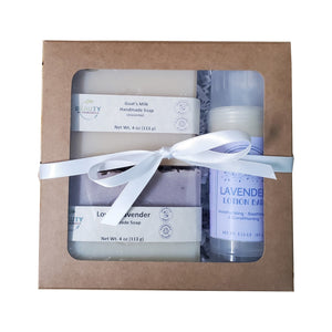 gift set with lavender soap,  goats milk soap and lavender lotion bar top closed white background