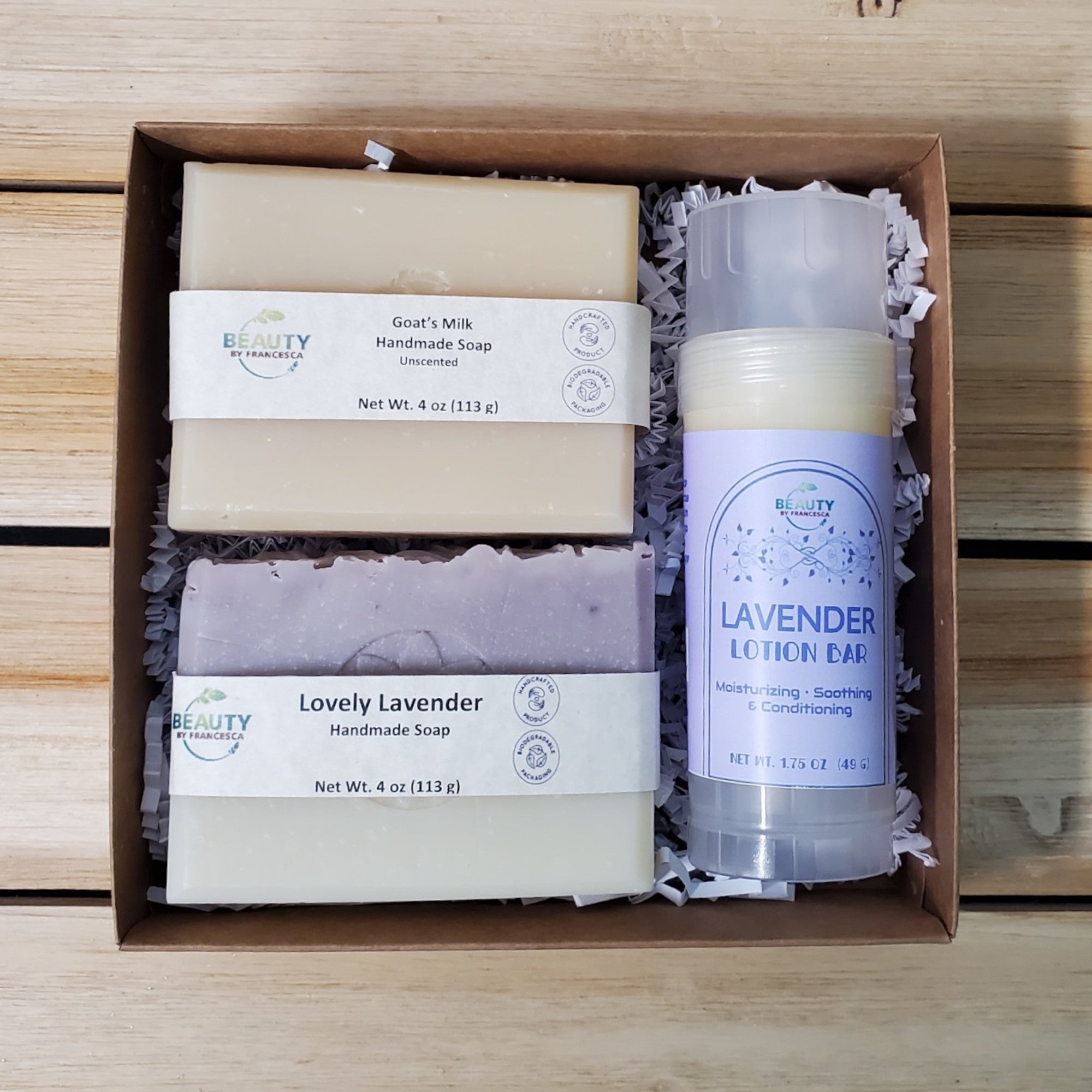 gift set with lavender soap,  goats milk soap and lavender lotion bar top open