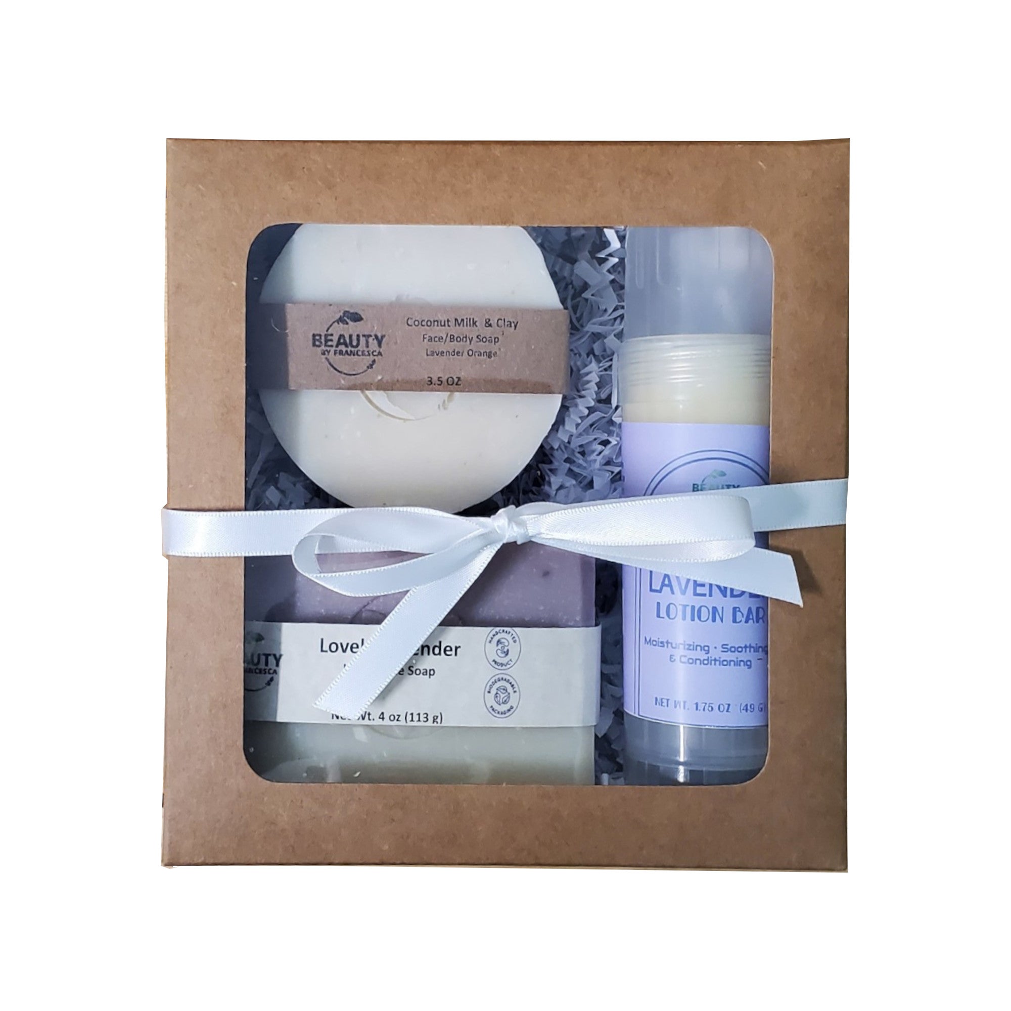 gift set with lavender soap,  lavender orange  soap and lavender lotion bar top closed white background