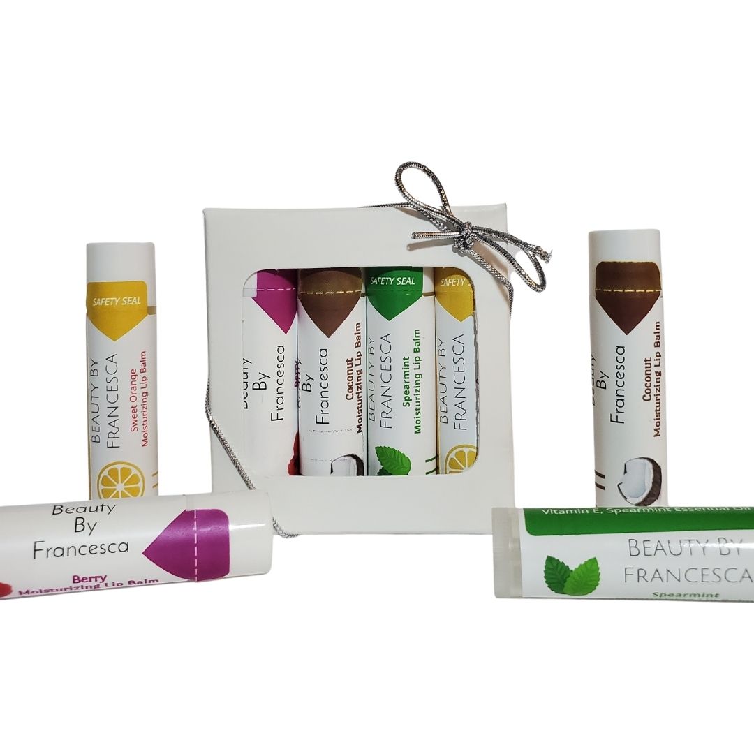 lip balm set displayed with 4 lip balms